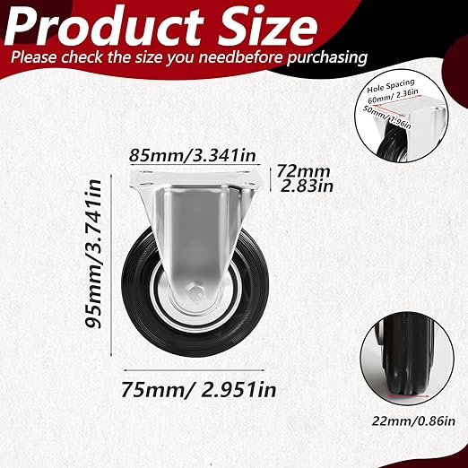 3 Inch Caster Wheels Set of 4, Heavy Duty Casters with Brake, Rubber Locking Casters for Cart, Workbench,Black (3"(2 Fixed+ 2 Swivel with Brake), 4)