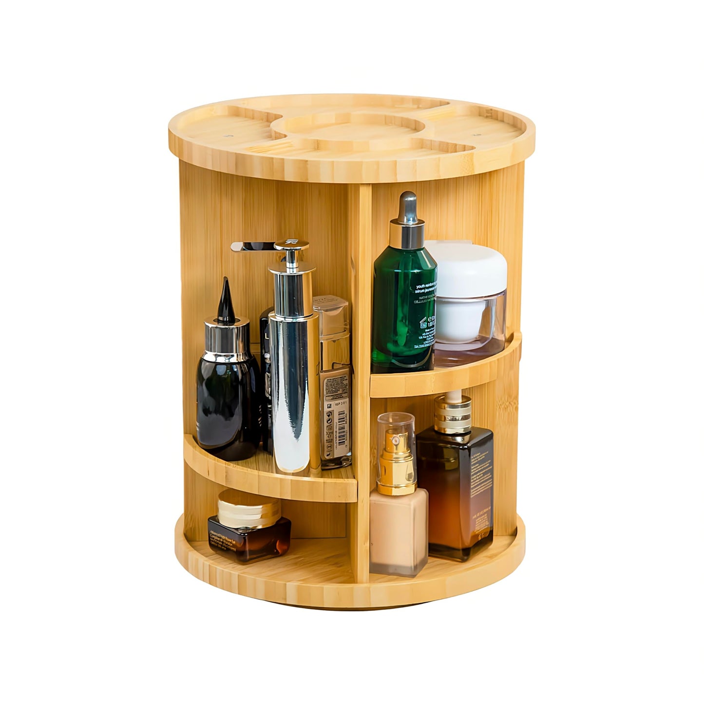 VVW Rotating Bamboo Makeup Organizer,360 Degree Spinning Adjustable Bamboo Vanity Makeup Holder Rack,Large Capacity Cosmetics Storage Display Box,Fits Makeup,Skincare,Cologne (Beige1)