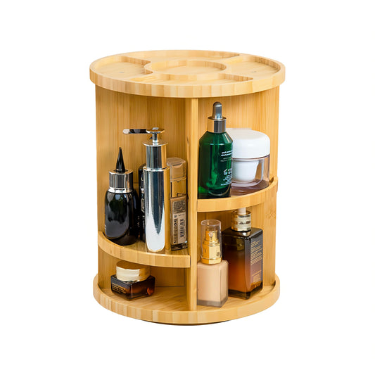 VVW Rotating Bamboo Makeup Organizer,360 Degree Spinning Adjustable Bamboo Vanity Makeup Holder Rack,Large Capacity Cosmetics Storage Display Box,Fits Makeup,Skincare,Cologne (Beige1)