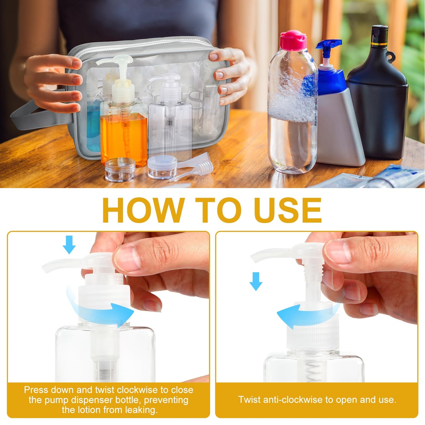 Domensi 24 Pcs 100ml /3.4 oz Pump Bottle Mini Travel Bottles Small Dispenser Containers Plastic Pump Lotion Dispenser Empty Square Travel Size Containers Toiletries (Clear)