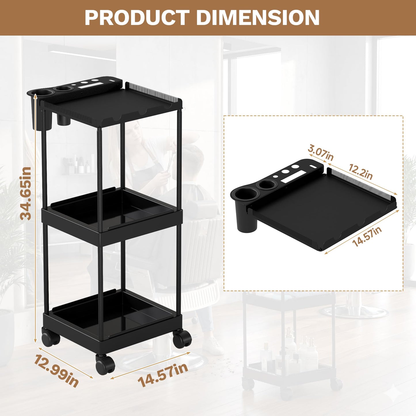 3 Tier Hair Extension Holder, Rolling Hair Extension Tool Trolley Cart, Wigs Styling Braiding Rack Separator Stand, Hairstylist Extensions Hanger Display Stand for Home Beauty Hair Salon Hairdressing