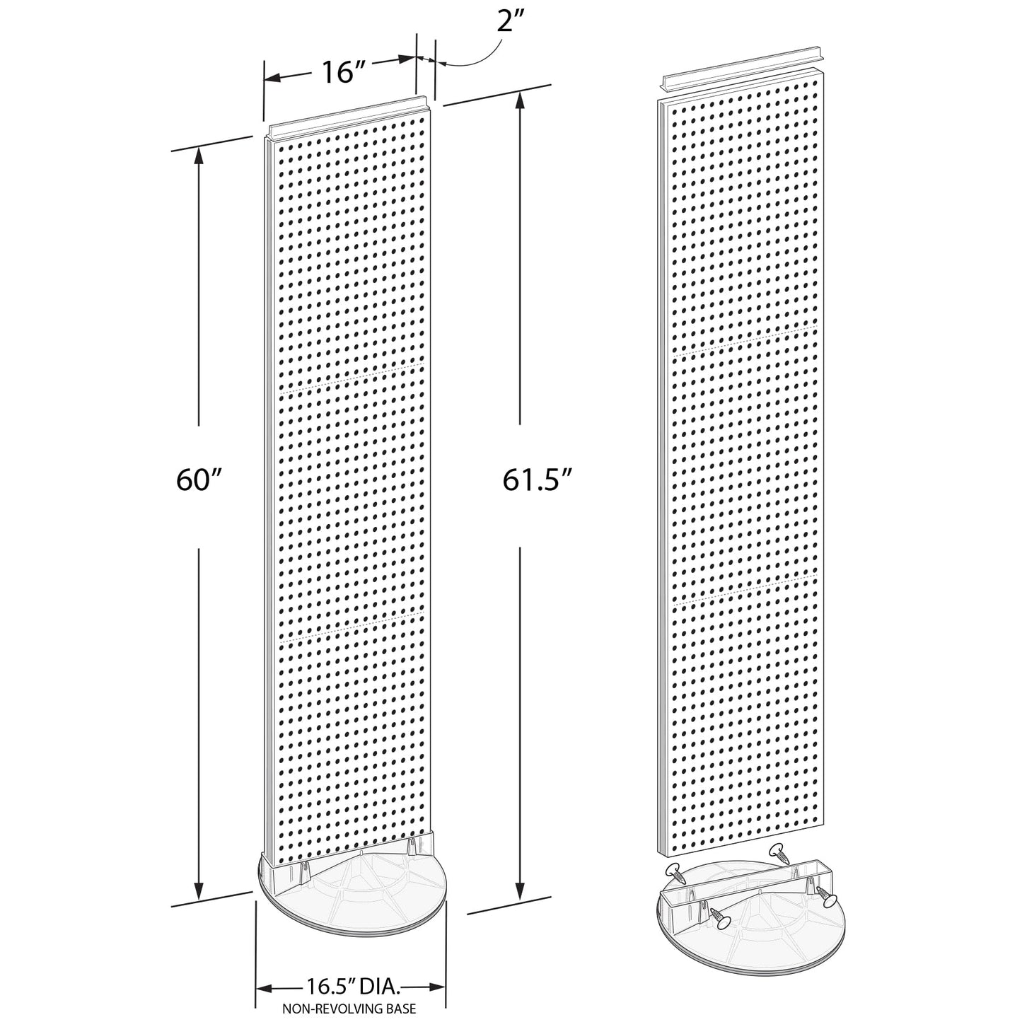 Azar Displays 700440-BLK, TWO-SIDED PEGBOARD FLOOR DISPLAY NON- REVOLVING ROUND STUDIO BASE. PANEL SIZE: 16" W X 60" H, Black