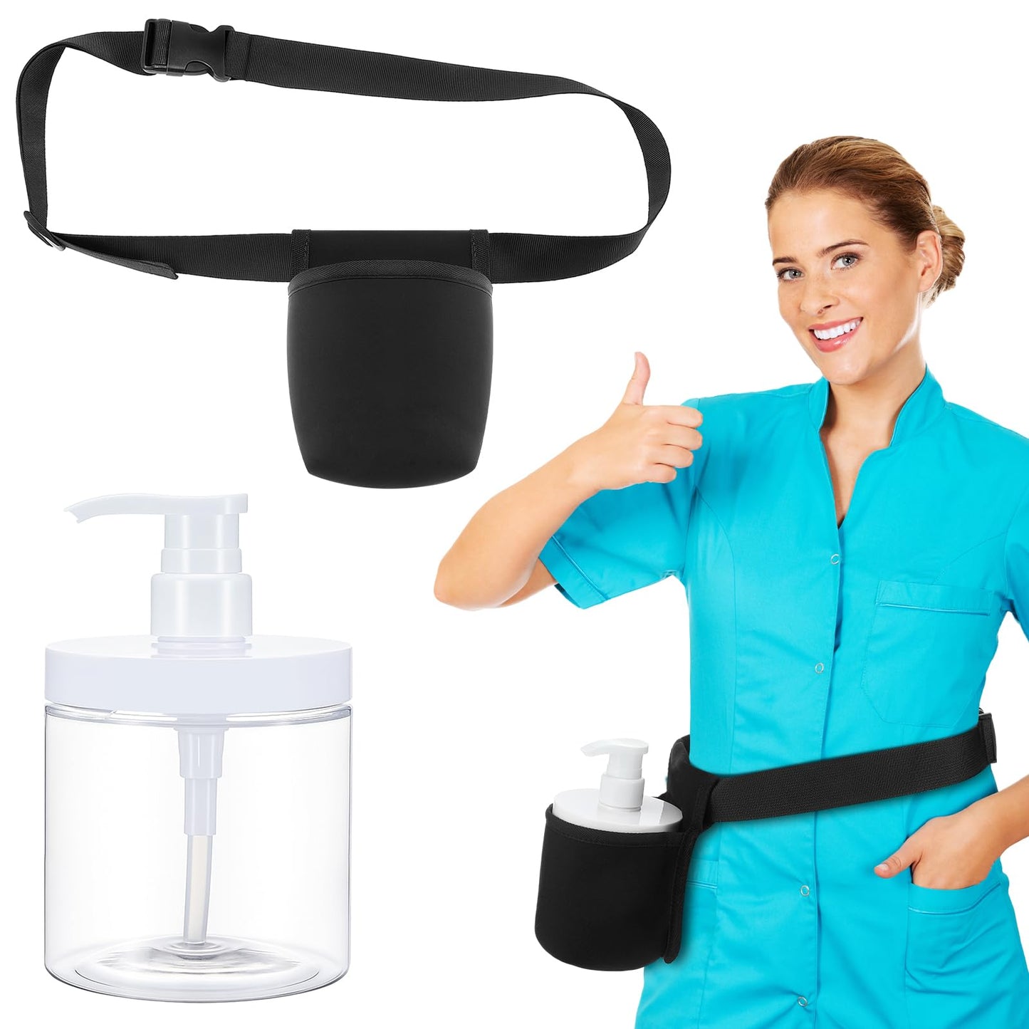 FoldTier Massage Bottle Holster Set 16 oz Pump Bottle with Massage Lotion Single Holster Belt Refillable Adjustable Wide Mouth Jar Style Empty Pump Bottles Dispenser for Oil Lotion Shampoo Conditioner