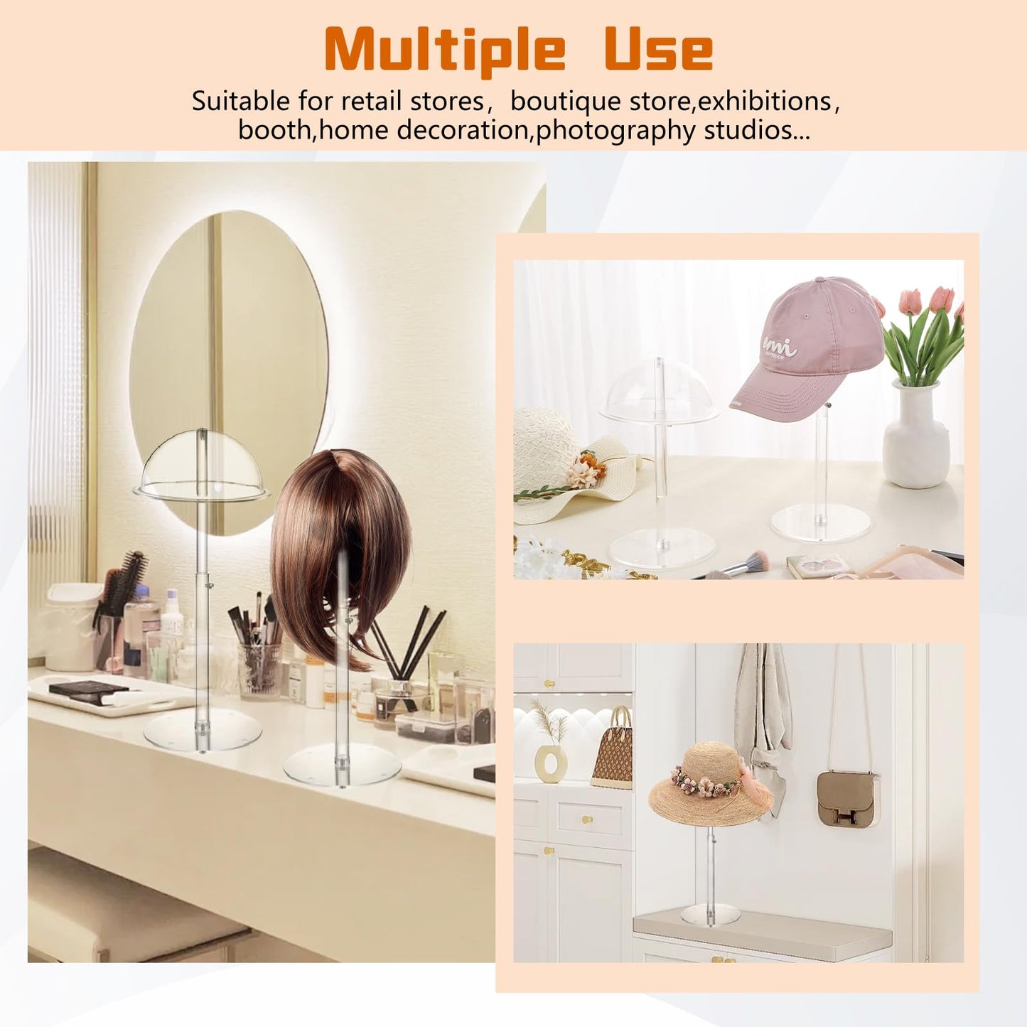Adjustable Acrylic Hat Display Stand, 8"-16" Clear Domed Baseball Cap Rack, Height Adjustable Cowboy Hats Display, Durable Tabletop Hat Holder and Wig Stand for Closet, Vendors, Counter, Salons
