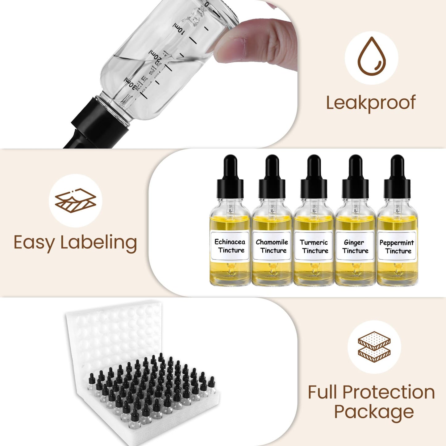 UPBUD 63 Pcs 1oz Clear Glass Dropper Bottles with Measurement, 30ml Leakproof Tincture Bottles with Funnels, Eye Droppers, Extra Caps & Labels, Refillable Empty Bottle for Tinctures, Essential Oils