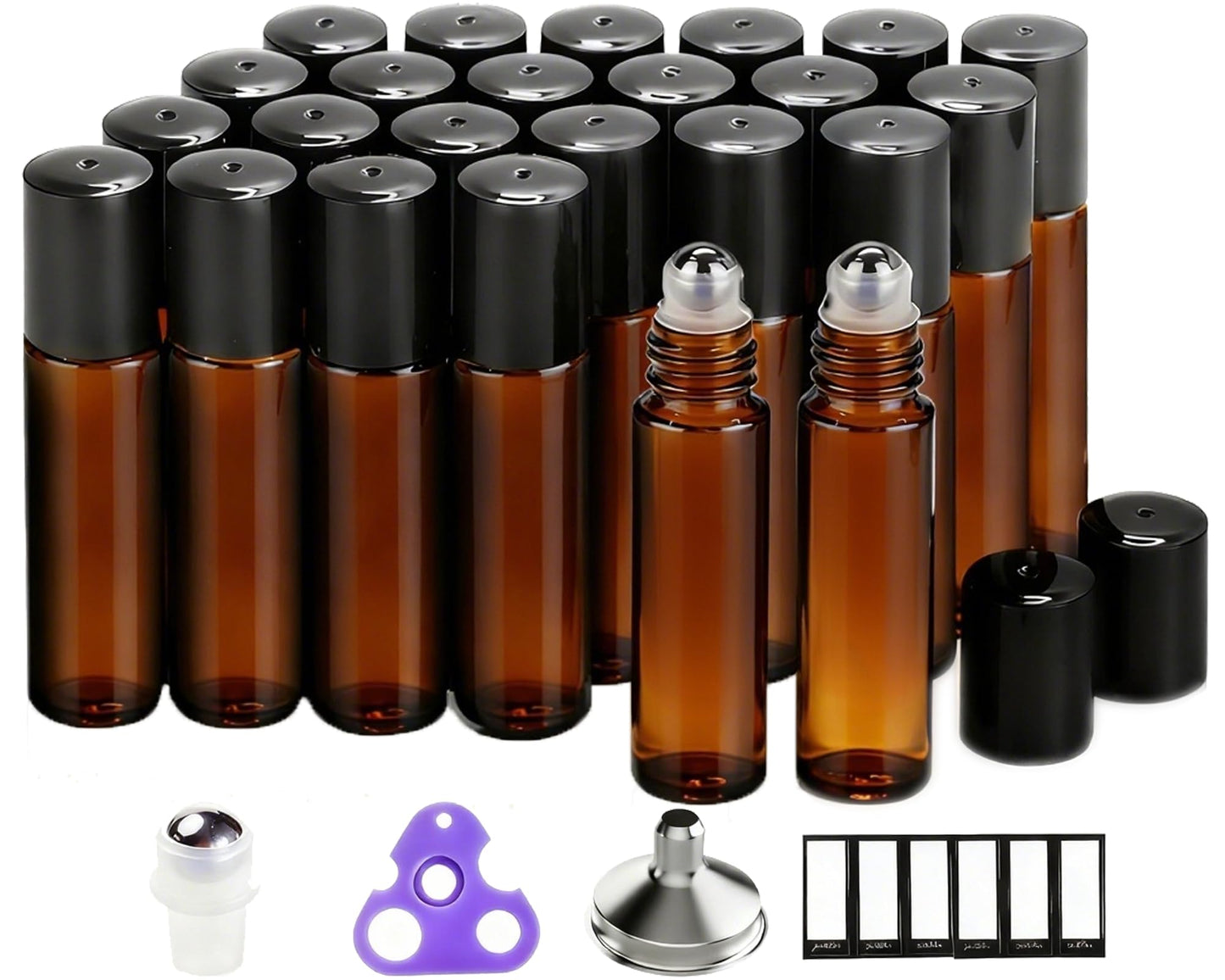 PrettyCare Set of 24, 10 ml Amber Glass Roller Bottles for Essential Oil with Stainless Steel Roller Ball - Refillable Leak-proof Empty Roll on Bottles with Black Caps for Travel, Perfume,Lab