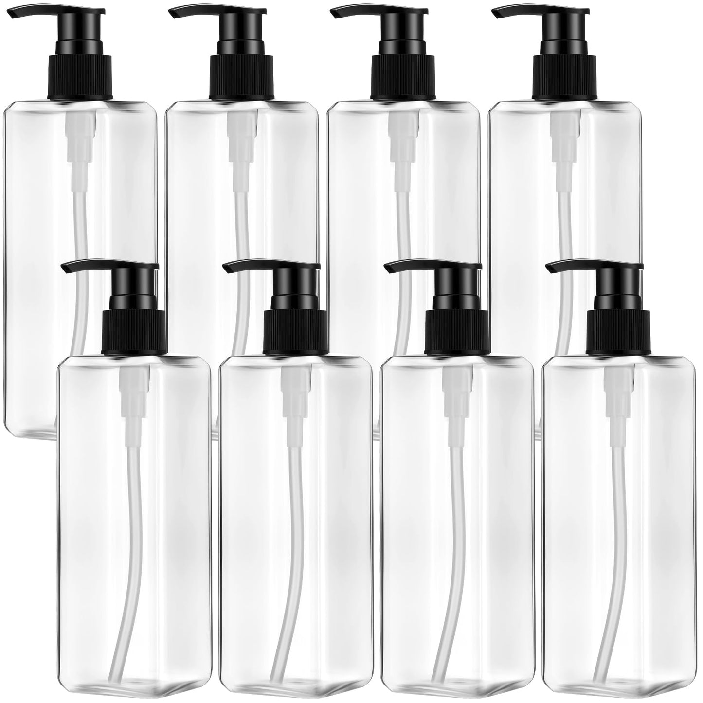 Didaey 8 Pcs Empty Shampoo Bottles with Pump 16 Oz Plastic Soap Dispenser Refillable Body Wash Bottles for Bathroom, Kitchen Sink, Hotel, Salon(Transparent, Black)
