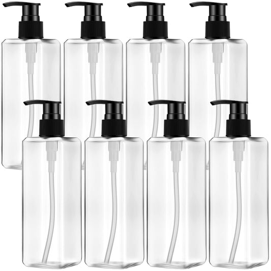 Didaey 8 Pcs Empty Shampoo Bottles with Pump 16 Oz Plastic Soap Dispenser Refillable Body Wash Bottles for Bathroom, Kitchen Sink, Hotel, Salon(Transparent, Black)