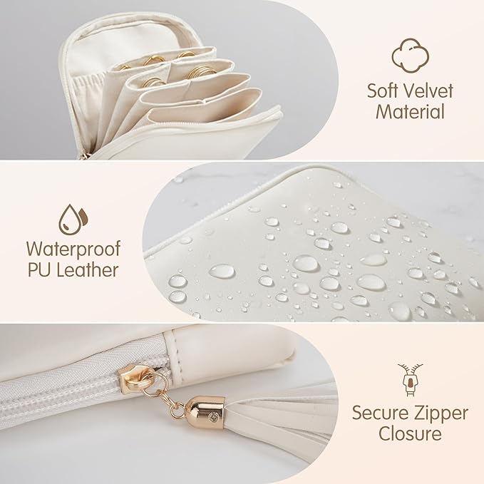 Small Travel Jewelry Case, Travel Gifts for Women Girls, Mini Jewelry Pouch Bags with Tassel Zipper, Portable Jewelry Organizer Holder for Bracelet Rings Earring Necklace Bangles, Beige