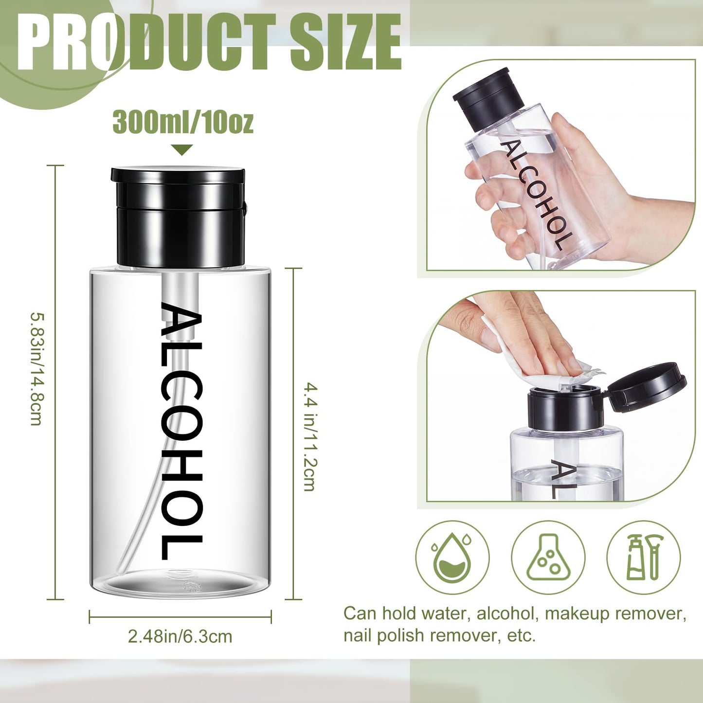 Layhit 6 Pcs 10 oz Alcohol Pump Dispenser Bottles Alcohol Push Down Liquid Dispenser Empty Pumping Bottle Refillable Cosmetic Container for Personal, Salon, Nail Care (Black Cap + Clear Bottle)