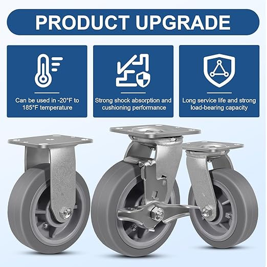 6"x2" Rubber Wheels (Flat Tread)- Heavy Duty Casters, Industrial Caster Wheels- Set of 4 with up to 4000 LB Capacity- Use for Dollies, Workbench(4 Brake)