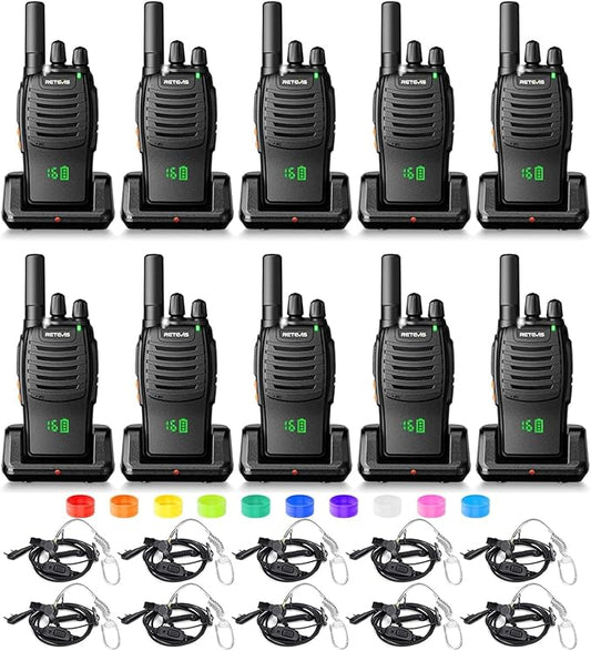 Retevis H-777H Walkie Talkies with Earpiece,2 Way Radio Long Range, Hidden Screen,USB-C Charging,Emergency Alarm,Portable FRS Two-way Radios with Base Station for Consumer Services Healthcare(10 Pack)