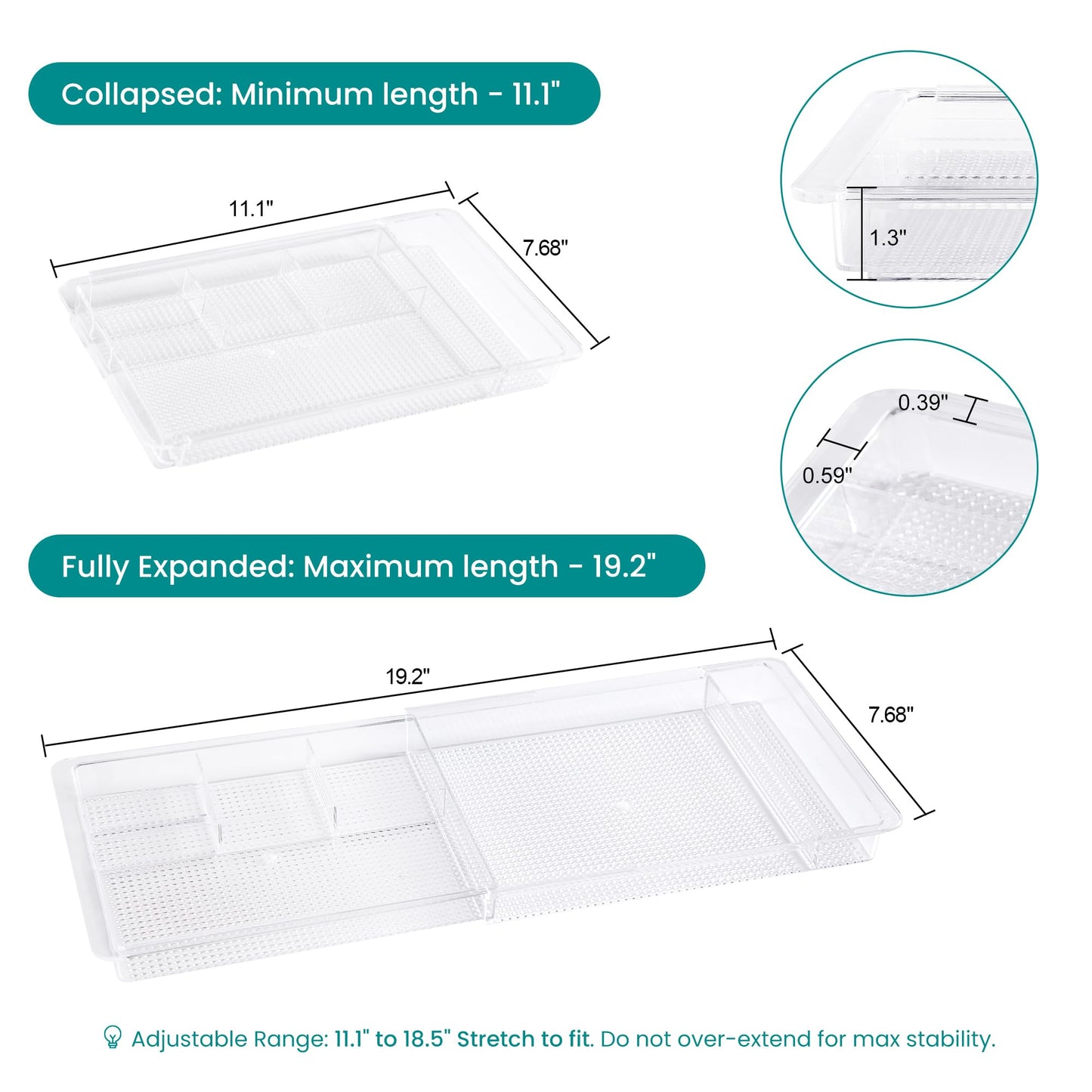 Oubonun Expandable Drawer Organizer 11.1” to 19.2” Width, Shallow Cosmetic Organizer 1.3” Height, 4 Packs, Clear Plastic Storage Trays for Dressing Table,Bathroom