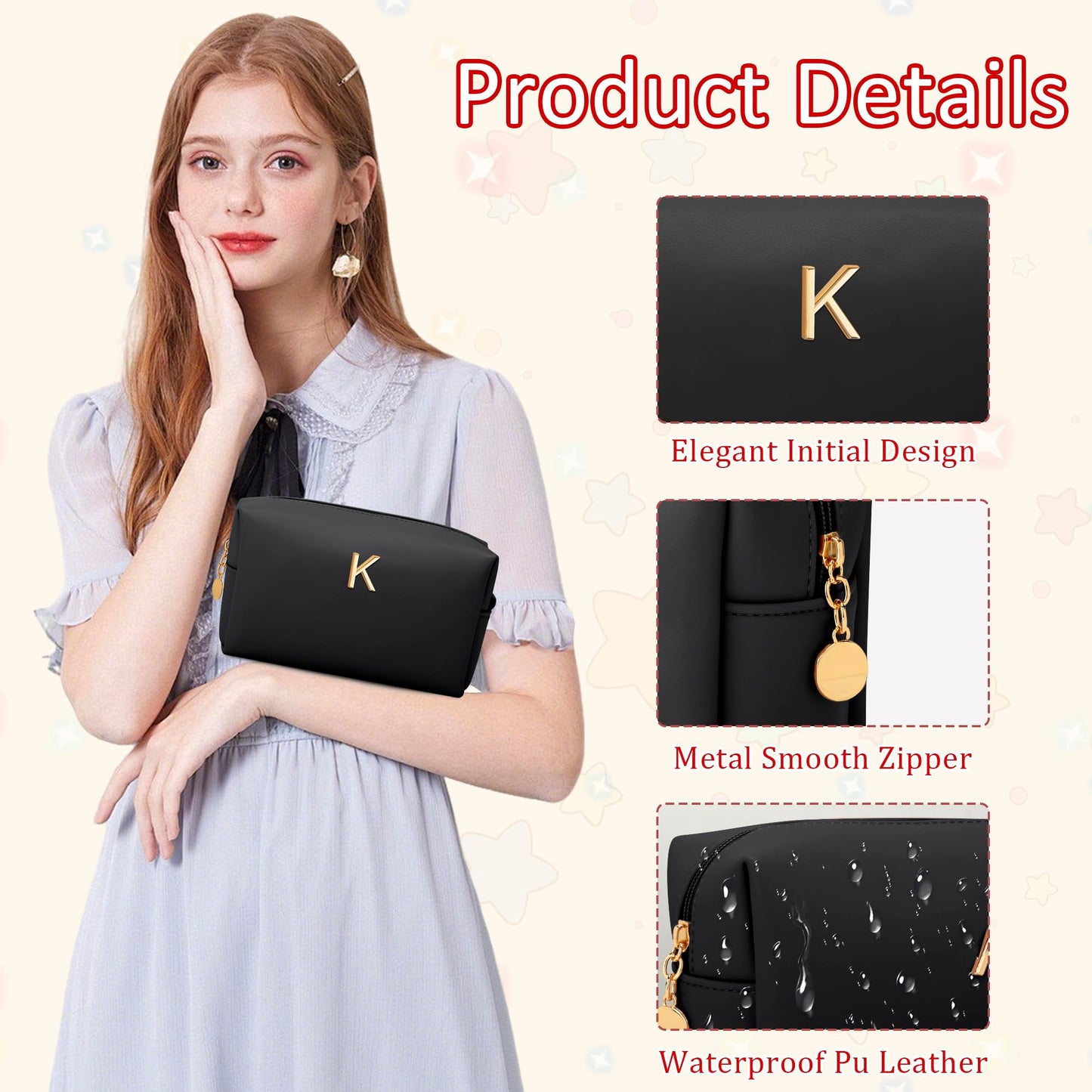 CLOUDWINGS Gifts for Women Bridesmaid Gifts Personalized Initial Makeup Bag PU Leather Cosmetic Waterproof Travel Toiletry Bag (Black K)