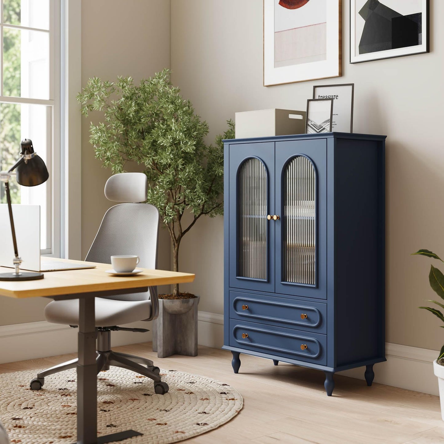46.5'' Tall Buffet Cabinet with Arched Fluted Glass Doors and Drawers,Modern Accent Cabinet with Solid Wood Legs,Wooden Storage Cabinets for Living Room,Dining Room Hallway Entryway,Navy Blue