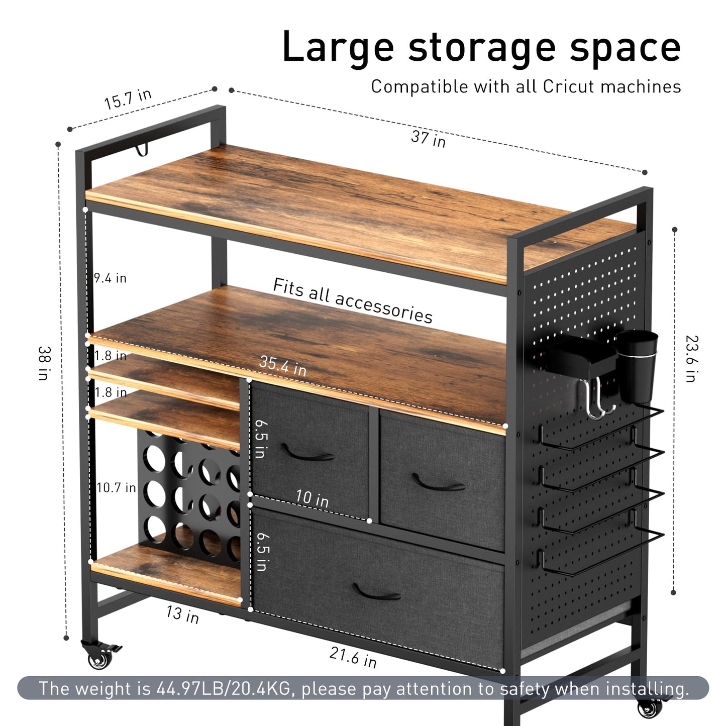 PUNLUXU Organizers and Storage Compatible with Cricut Machines - Vinyl Roll Holder, DIY Pegboard with Accessories Organizer, Rolling Craft Table with Storage Cabinet Workstation PU-03 Patent Protected