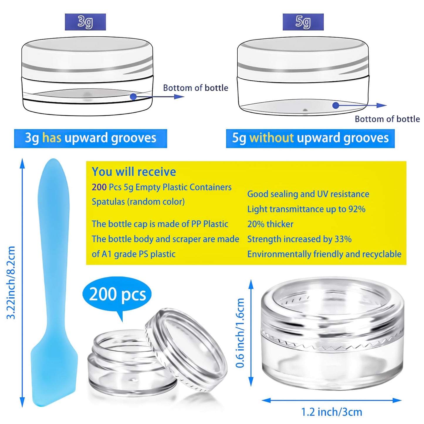 MotBach 200 Pack 5g Plastic Jars with Lids, 5ml Round Clear Cosmetic Containers Makeup Jars, 5gram Travel Size Container Jar with Spatulas for Makeup Sample Lotion Cream Ointment Salve Balm Powder