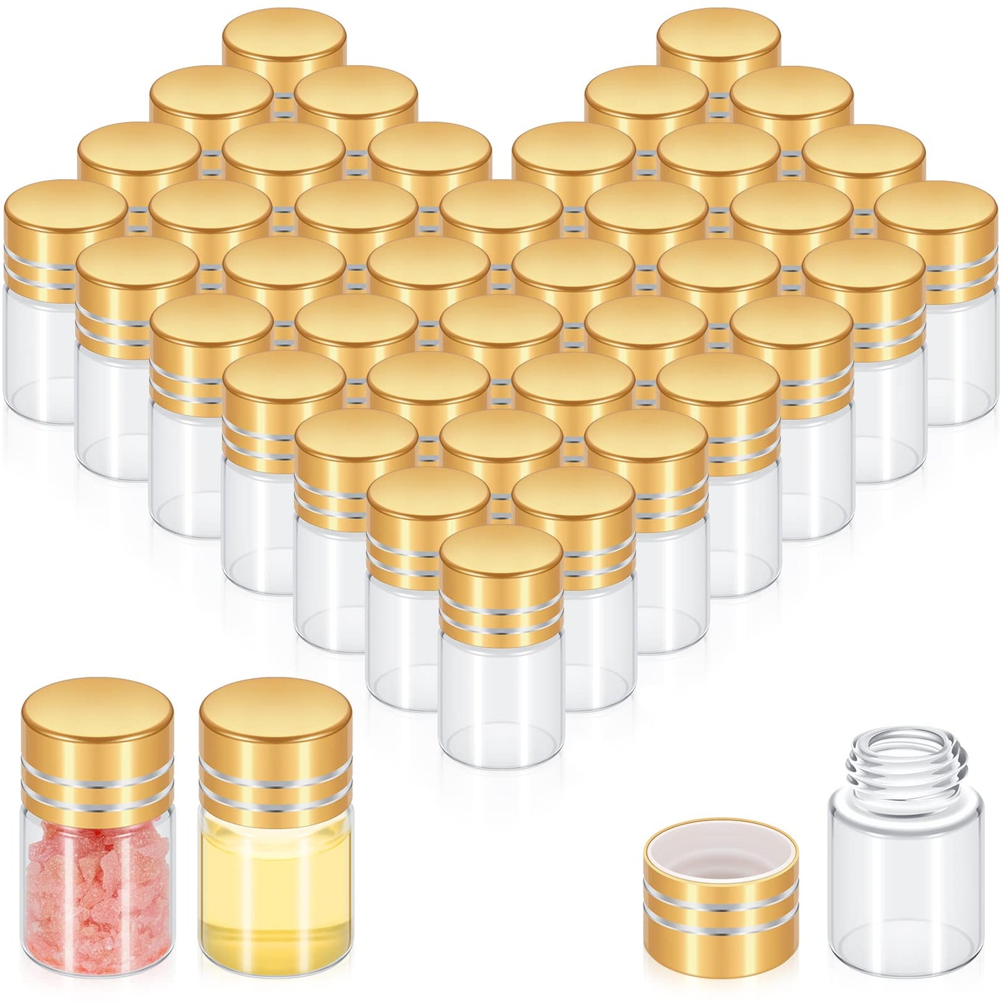 Didaey 50 Pcs Mini Glass Bottles with Screw Caps, Tiny Glass Jars with Lids, Small Clear Vial Containers, Empty Wishing Gift Bottles Jars Tiny Vials Containers for DIY Storage Art Craft (2ml,Gold)