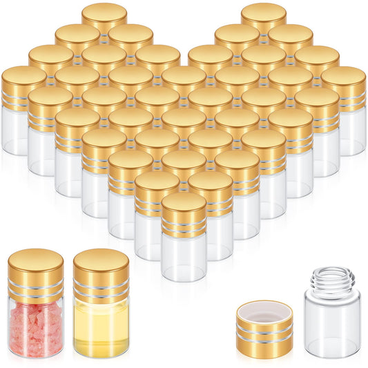Didaey 50 Pcs Mini Glass Bottles with Screw Caps, Tiny Glass Jars with Lids, Small Clear Vial Containers, Empty Wishing Gift Bottles Jars Tiny Vials Containers for DIY Storage Art Craft (2ml,Gold)