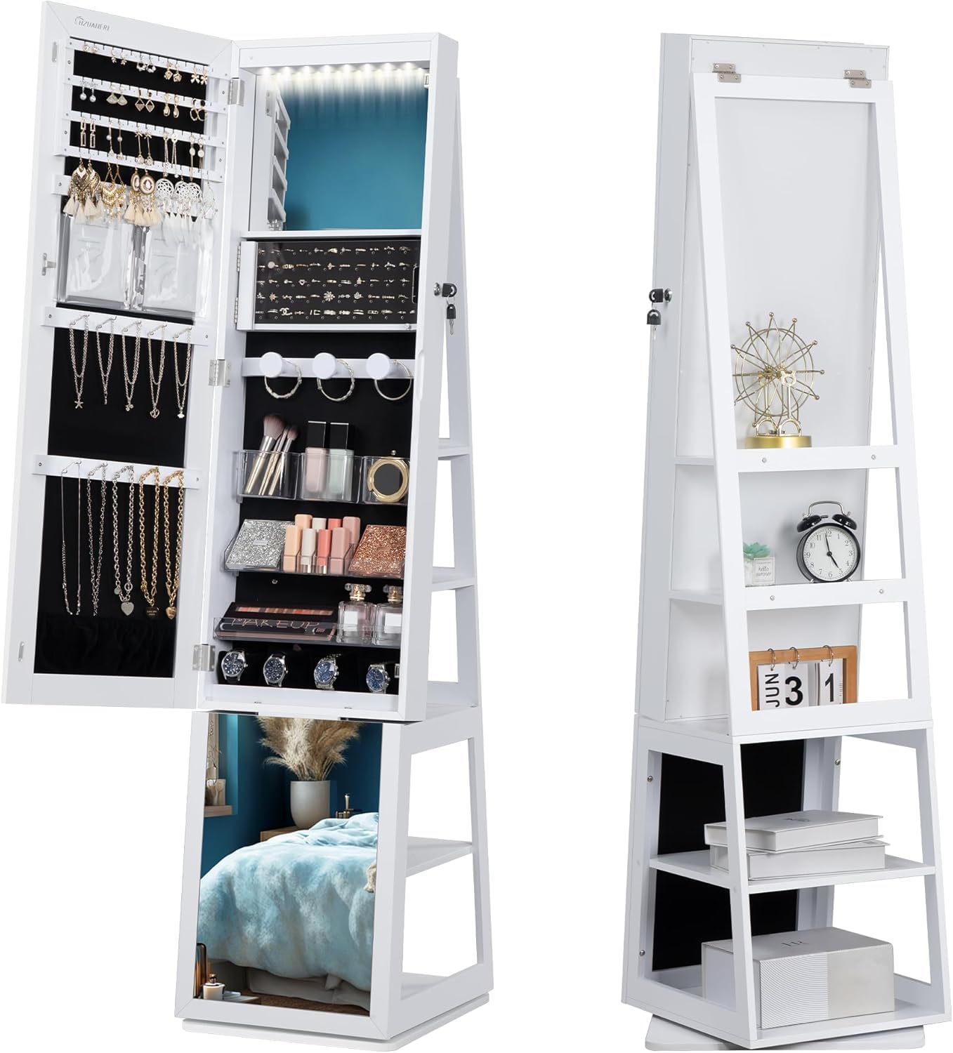 Hzuaneri 16 LEDs Jewelry Cabinet Armoire, Standing Jewelry Organizer with 360° Rotating Base, Lockable Full-length Mirror, 5-tier Storage Shelves, 4-in-1 Design, 61.5" H, White and Black JC15903B