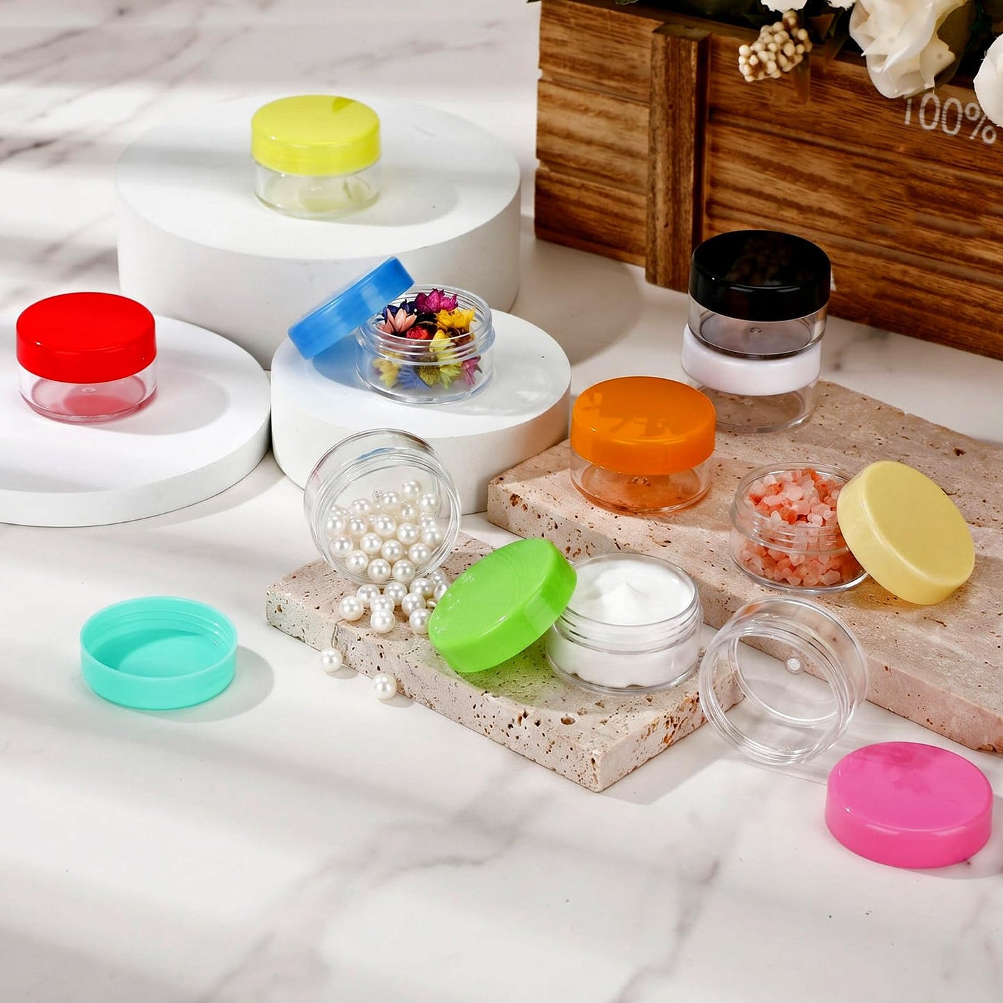 Ferrochef 100 Pcs Refillable Cosmetic Sample Jars Multi Color Small Travel Containers with Lids Round Leak Proof Cosmetic Jars Wide Mouth for Lotion Cream Ointment Makeup Travel Storage(1.06 oz)