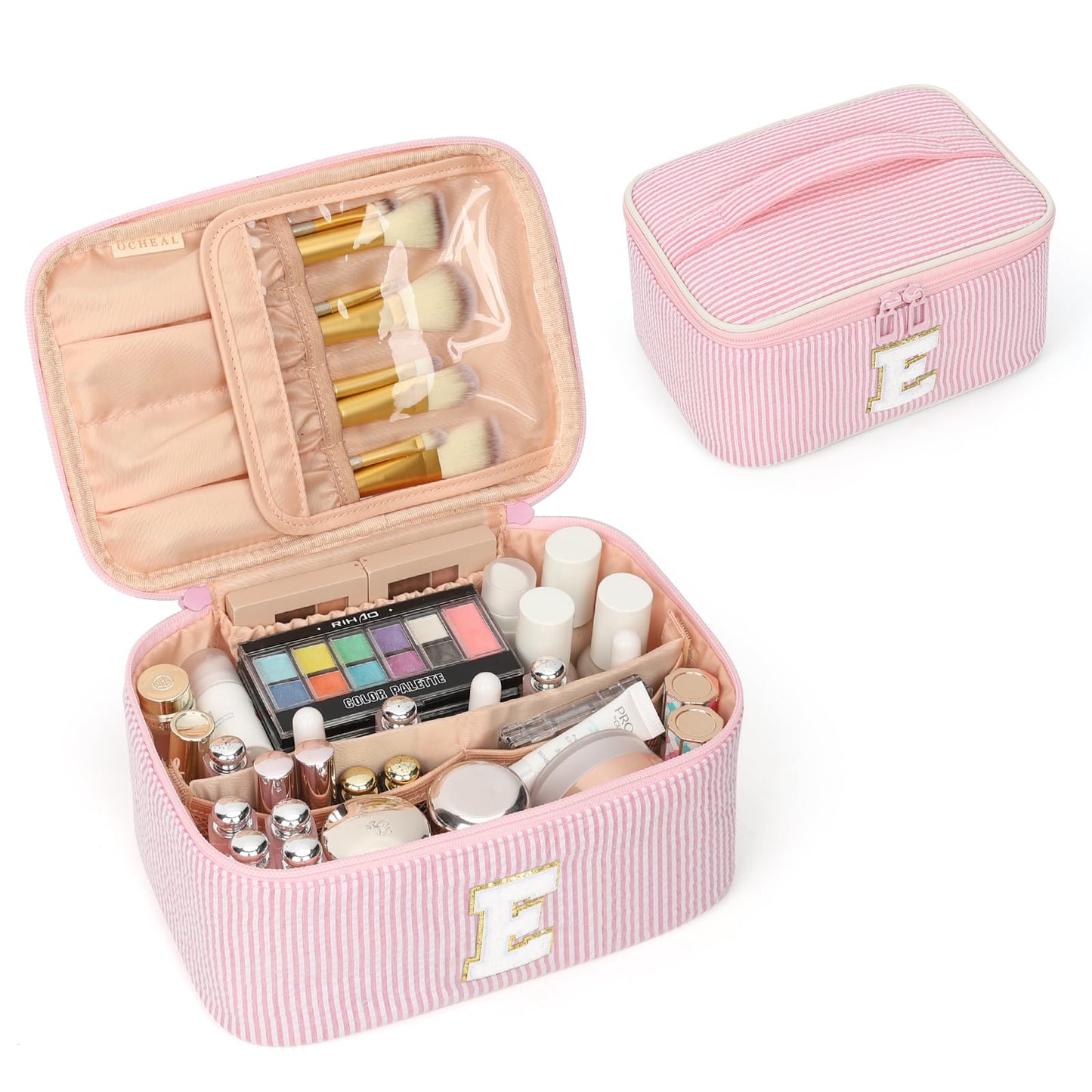 OCHEAL Makeup Bag for Women, Monogram Cosmetic Bag Pink Travel Makeup Case Beauty Toiletry Bag Organizer Personalized Gifts for Girls Bridesmaid, Sister, Wife, Friends Initial E