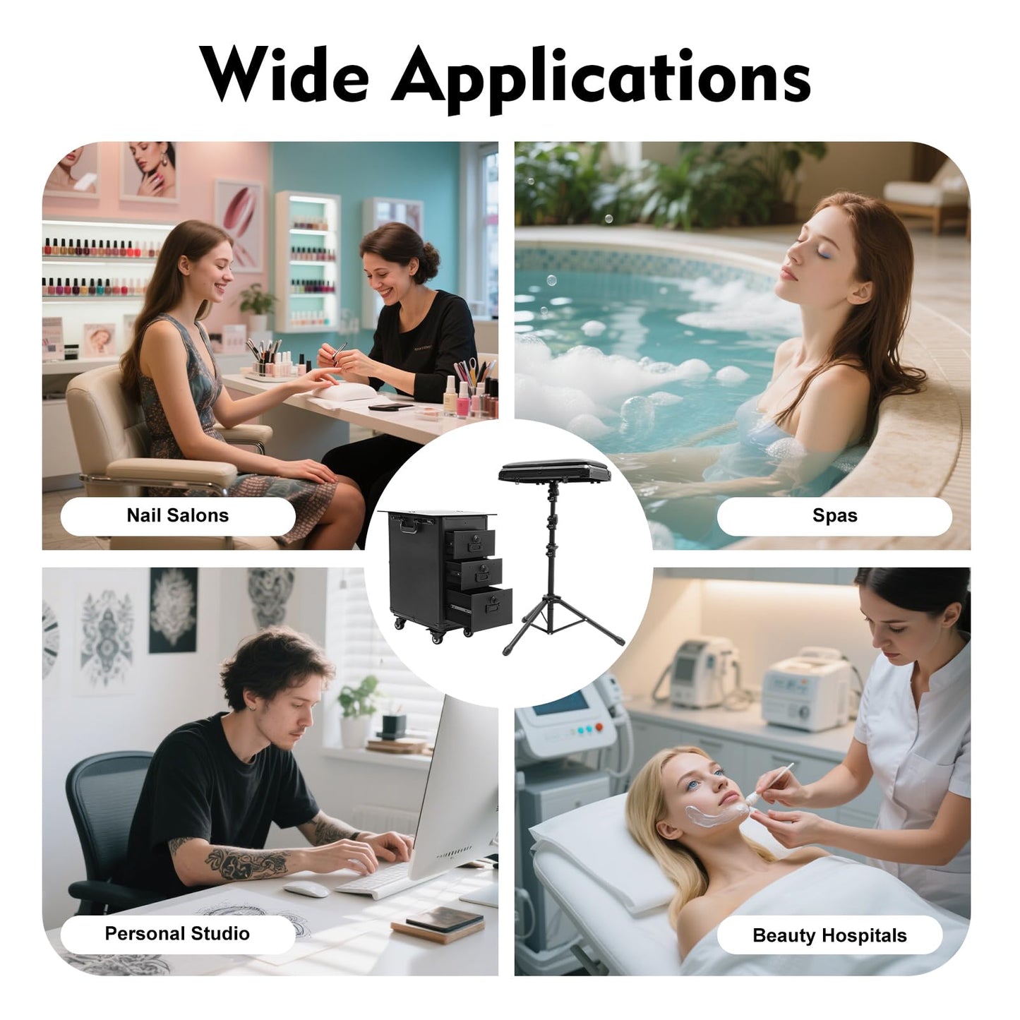 Namiose Rolling Makeup Case with 3-Drawers, Acrylic Makeup Case with 4 Universal Wheels and Removable Tripod Top Soft Cushion for Freelance Make-Up Artists Wedding Make-Up Artists