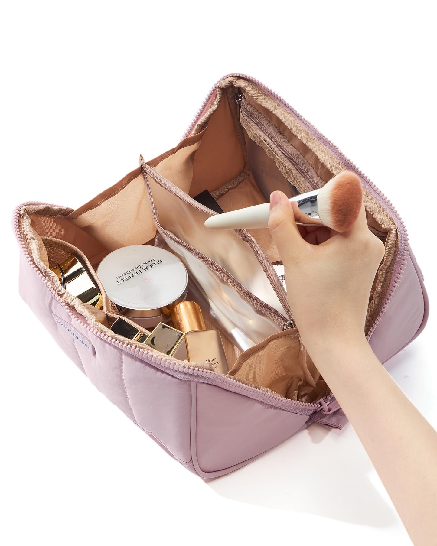 NISHEL Travel Makeup Bag for Women, Fluffy & Lightweight Open Flat Cosmetic Organizer with Multiple Functional Divider for Brush Independent Storage, Handle for Easy Portability, Peach-Pink