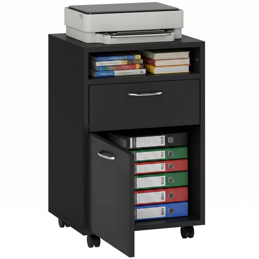 HOMCOM Mobile Storage Cabinet Organizer with Drawer and Cabinet, Printer Stand with Castors, Black