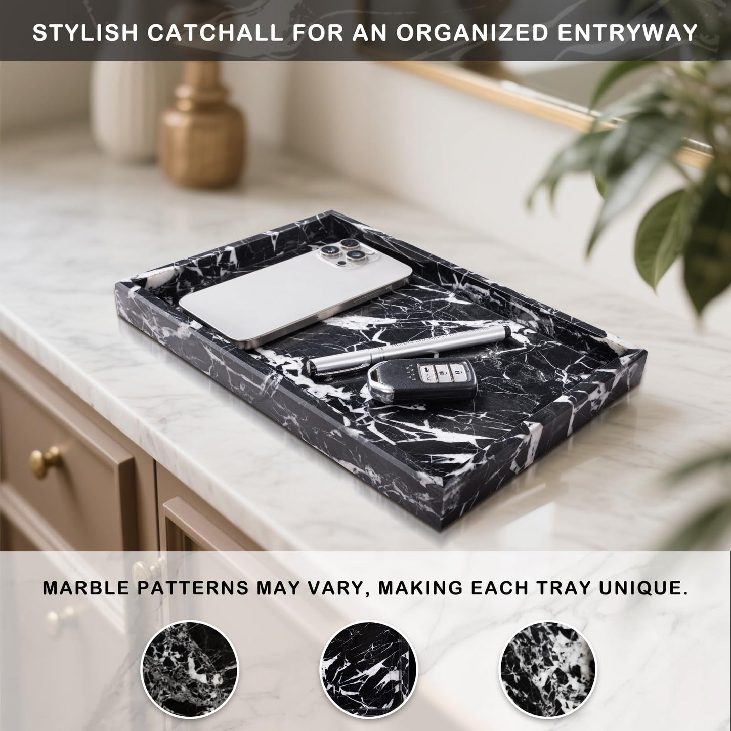 Homaura Marble Bathroom Tray for Countertop & Home Decor, Natural Decorative Marble Tray for Jewelry & Perfume Organizer, Luxury Stone Vanity Trays for Dresser, Kitchen Counter, 12" x 8", Black