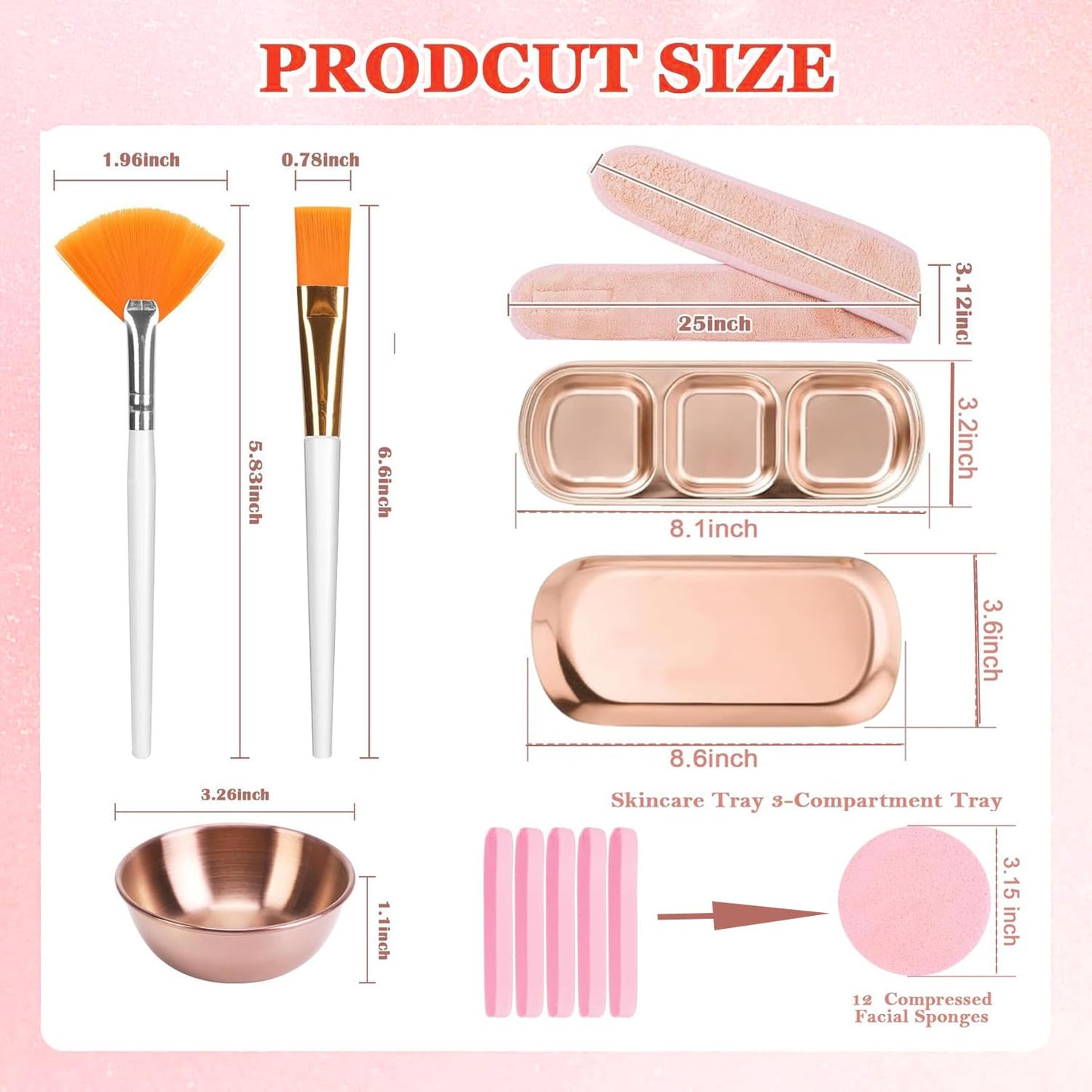 25 Pcs Esthetician Facial Supplies Set Stainless Steel Gold Mixing Bowls Silicone Brush,Fan Brushes Skincare Tray Serving Tray Compressed Sponges Spa Headbands for Women Mask Spa Body Skincare