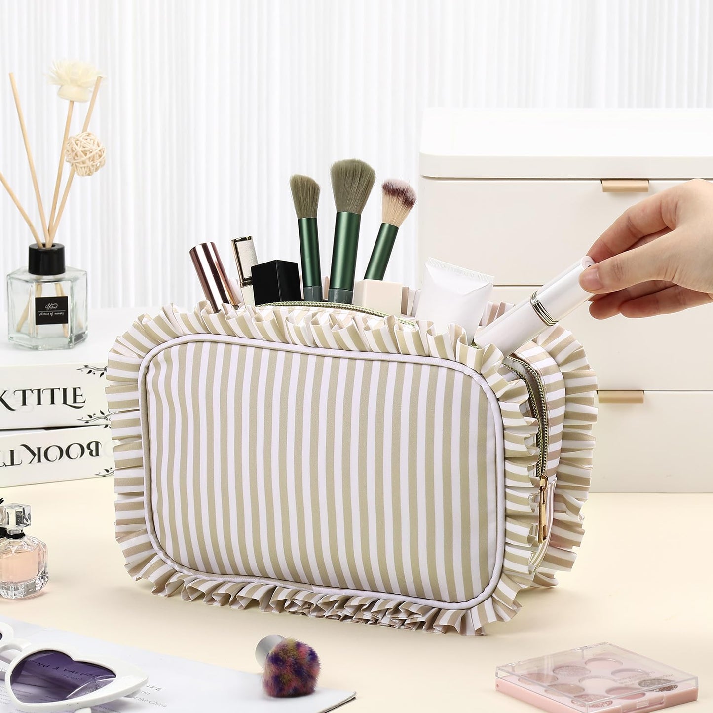 Kigeli Ruffle Makeup Bag Preppy Makeup Pouch Large Travel Cosmetic Bag Nylon Waterproof Toiletry Make up Organizer for Women(Striped,Khaki)