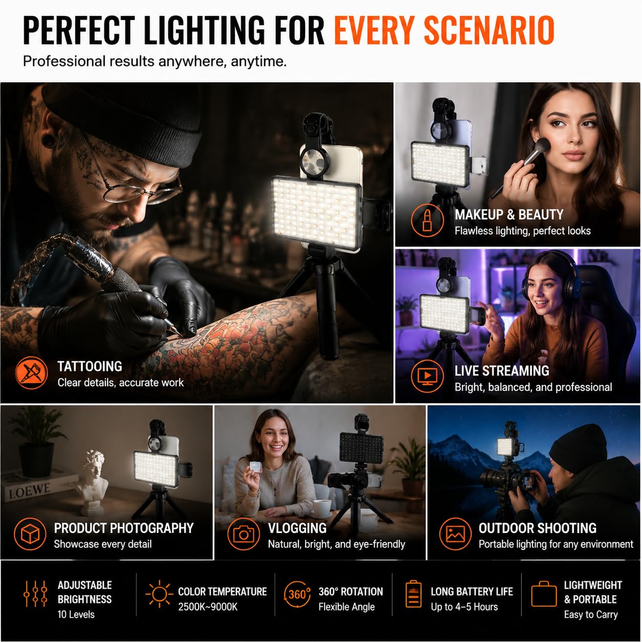 120 Led Tattoo Light Kit with 52mm Cpl,Tripod Light,Dual Clips,Tattoo Equipment and Supplies for Tiktok Taking Tattoo Photos and Remove Photo Glare,Selfie Light for Ipad,iPhone,PC