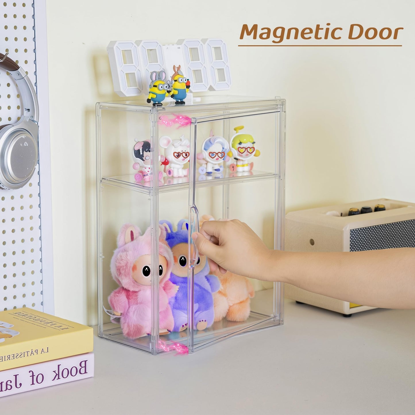 Acrylic Display Case Compatible with Labubu POP MART, 2 Pack Clear Display Cases for Figure Collectibles, Stackable Display Box with Magnetic Door
