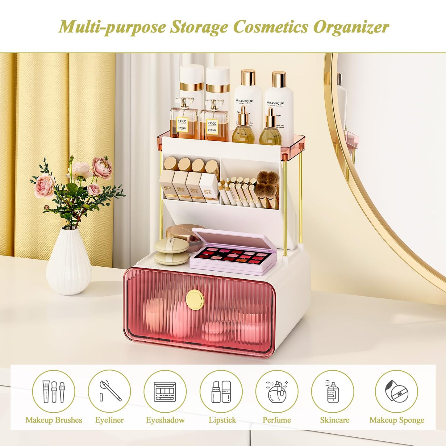 FOLLOWIN Bathroom Organizers and Storage with Drawer, Vanity Storage Organizer with Makeup Brushes Holder, Perfume Lotion Cosmetic Organizer, Blush Pink
