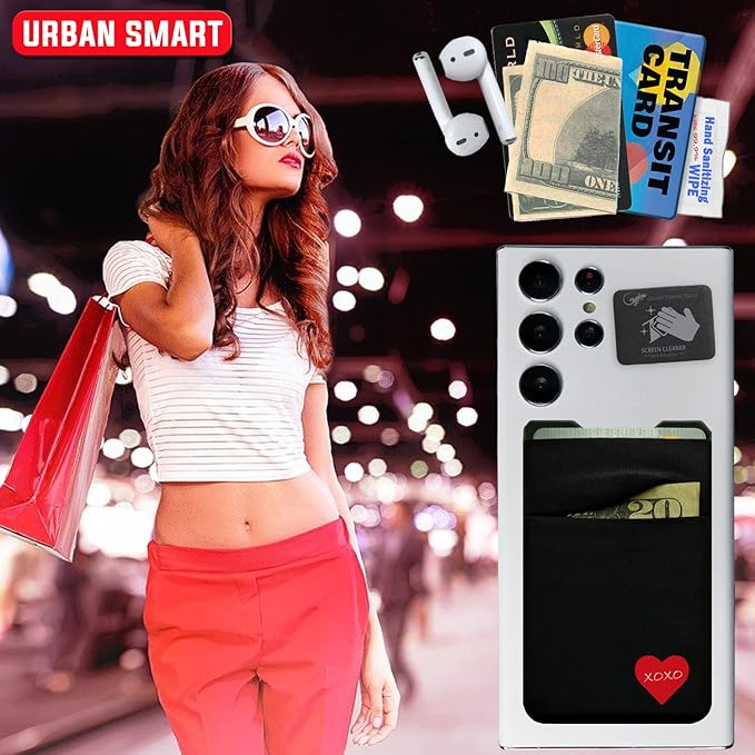 Gecko Travel Tech Double Pocket - Adhesive Card Holder - Cell Phone Pouch - Stick on Spandex Pocket - Carry Credit Cards and Cash (HEART)