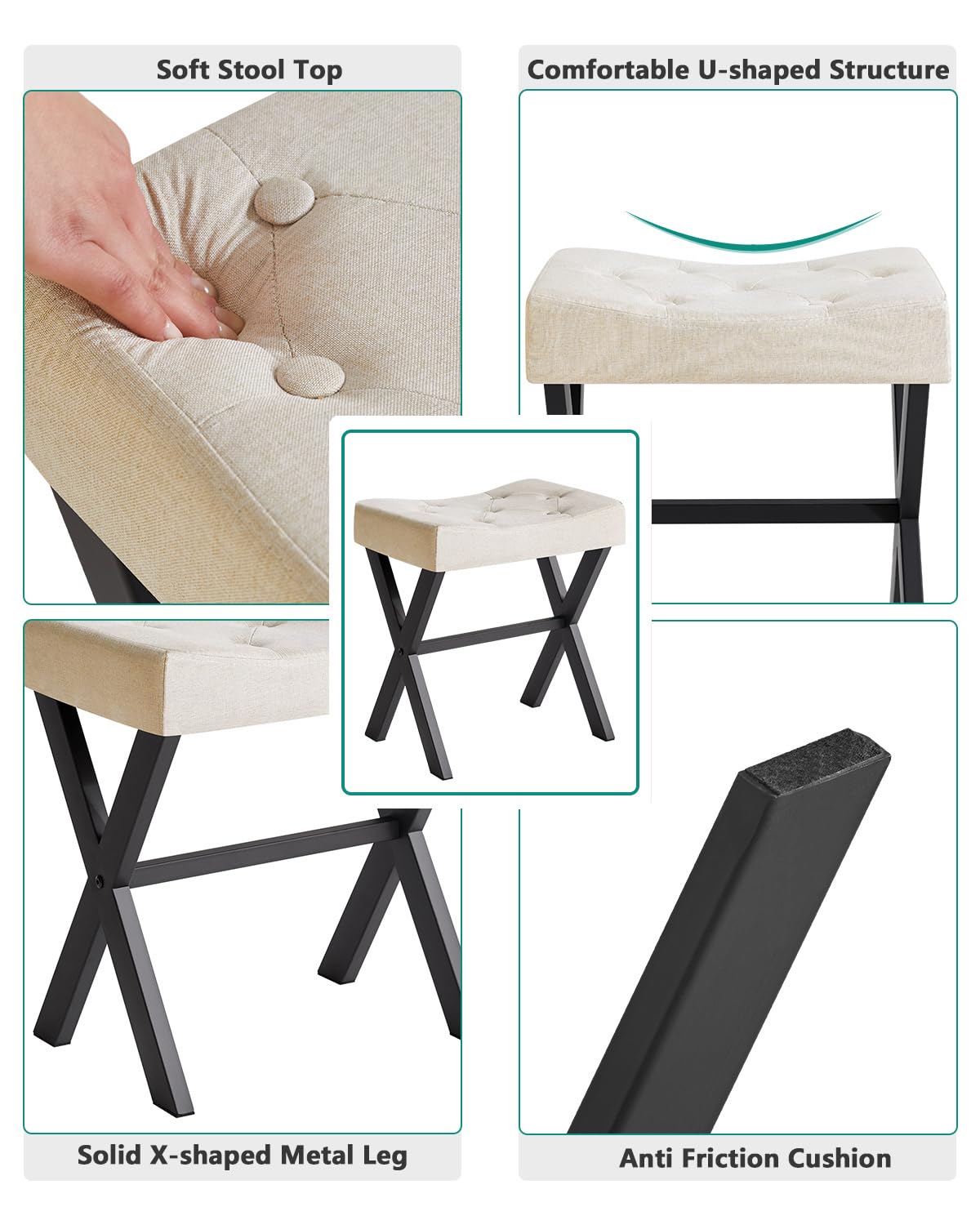 IBUYKE U-Shaped Linen Vanity Stool, Square Makeup Chair with X-Leg, Ottoman Seat Footrest Stool, Multi-Use as Small Side Table, for Bedroom, Living Room, Linen WBD018Y