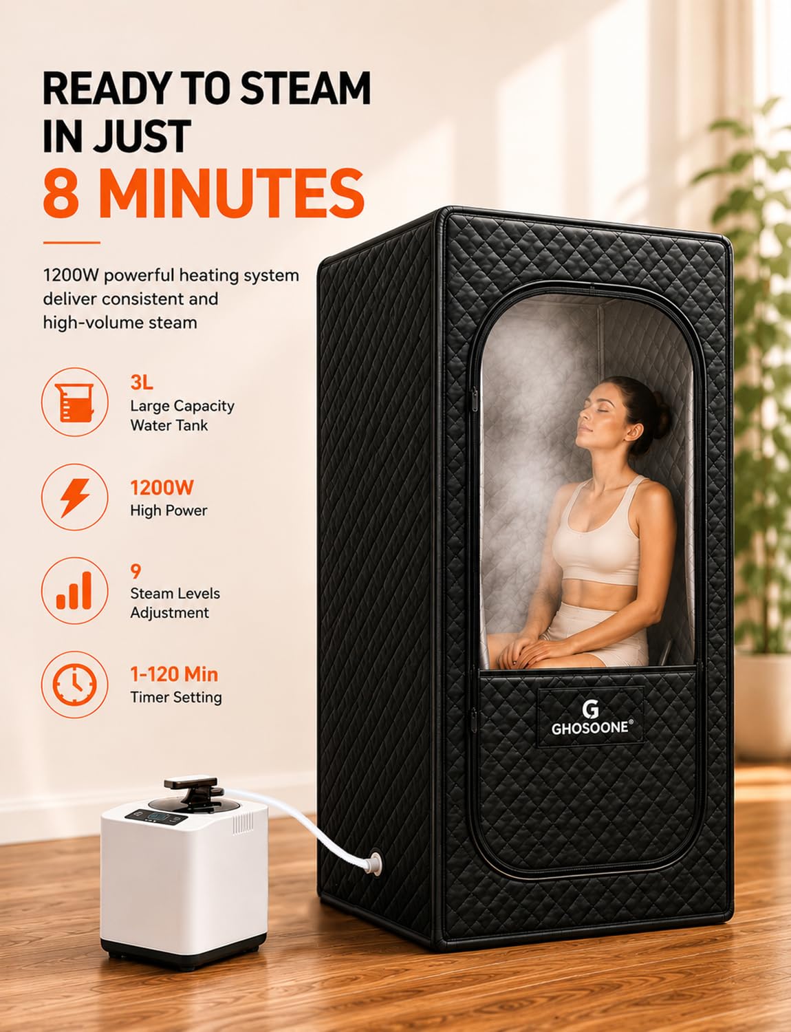 GHOSOONE Portable Home Sauna Steam Machine with Remote Control - 1200W 3L Upgrated Fast-Heating System, 9-Level Adjustable Steam & 120-Min Timer, for Home Spa Sauna Accessories