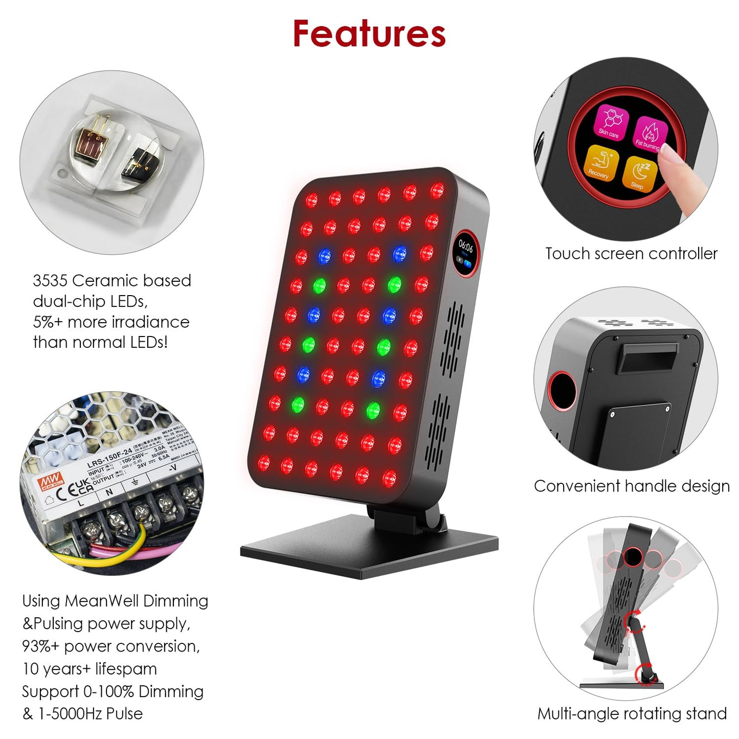 Red Light Therapy Panel 300W 60pcs Dual-Chip 4 Bands LED Light Therapy Red Infrared Blue Green 660nm 850nm 455nm 528nm, High Irradiance, Touch Screen Controller, Ideal for Body, Face, Skincare, Sleep