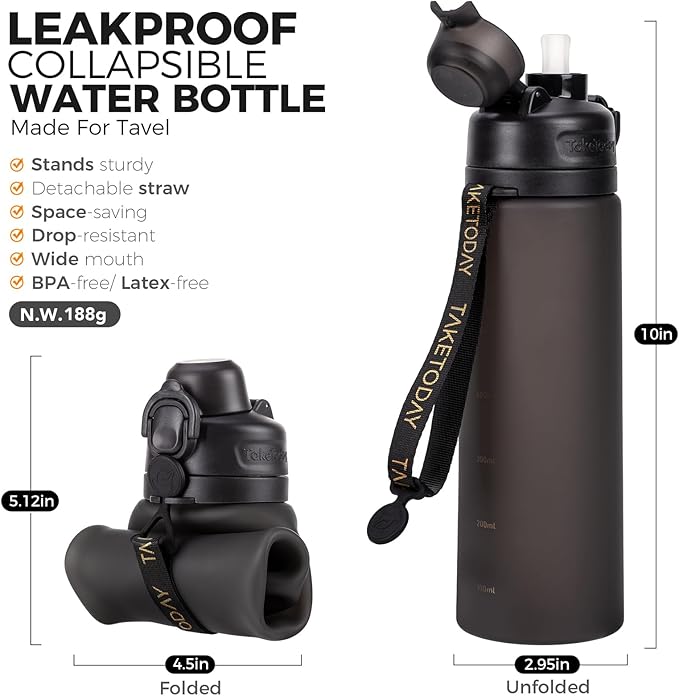 TakeToday Collapsible Water Bottles 20oz, Leak Proof, BPA-Free, Foldable Silicone Travel Water Bottle with Straw Strap for Cycling, Hiking, Outdoors