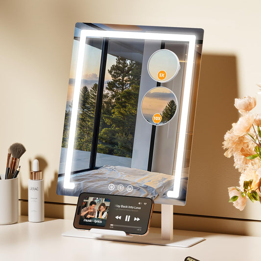 Gospire Lighted Makeup Mirror, Hollywood 4000mAh Rechargeable Vanity Mirror with 5X/10X Magnification, 3-Color Dimmable Lighting, Touch Control, Phone Holder, 11”x16.8” LED Tabletop Mirror for Bedroom