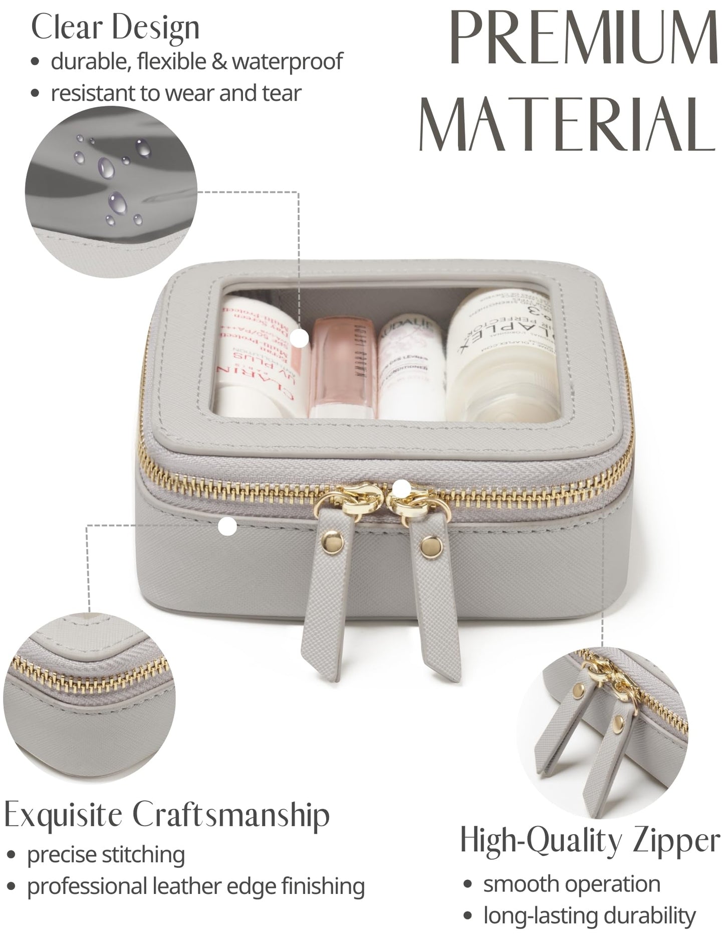 Popvibe Small Cosmetic Bag for Purse Mini Makeup Bag Cute Clear Make Up Pouch for Travel Tiny Leather White Make Up Organizer Case for Backpack Toiletry Bag Waterproof Square Pouch with Zipper