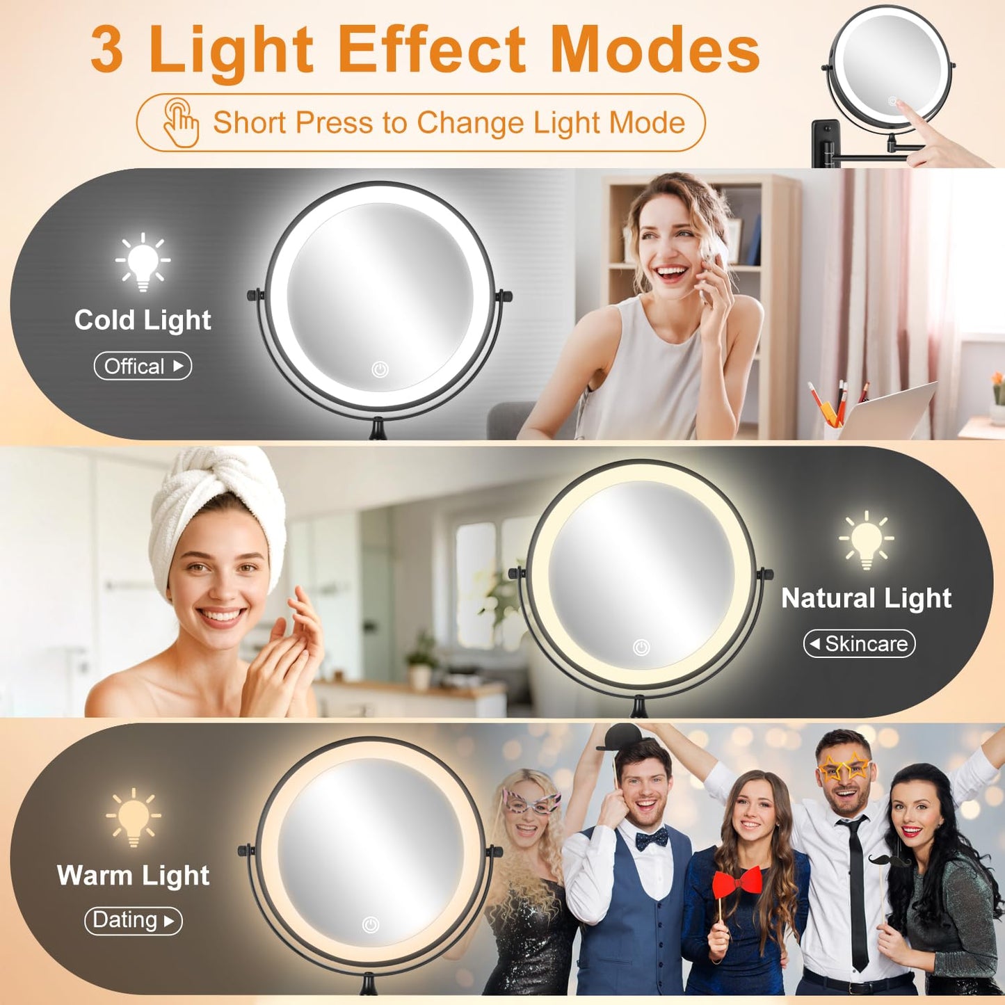 DECLUTTR 1X/30X Wall Mounted Lighted Makeup Mirror, 8" Rechargeable Double Sided Magnifying Mirror with Light, 3 Color Lights Touch Dimmable, Extended Swivel Makeup Mirror