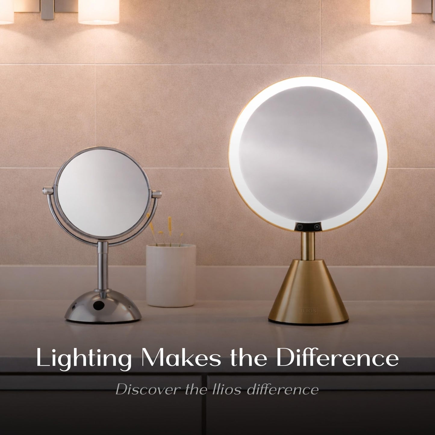 Ilios Lighting 9" Lighted Makeup Mirror with 5X Magnification – Rechargeable LED Vanity Mirror, Adjustable Lighting (3200K–6500K), 1000 Lux Brightness, Stepless Dimming (Gold)