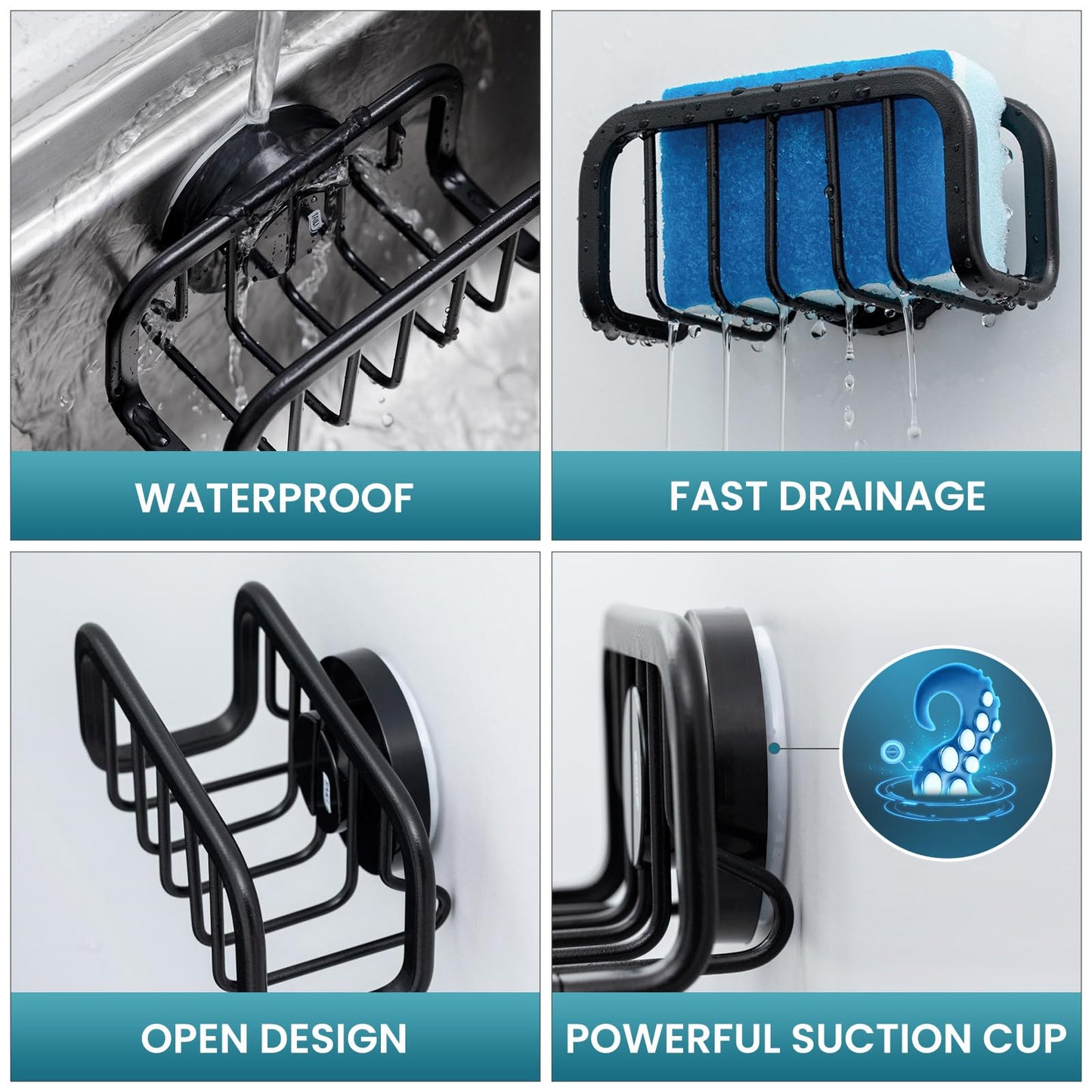 TAILI Sponge Holder for Kitchen Sink with Strong Suction Cup, Rustproof Aluminum Sink Caddy, Removable Sponge Holder, Dish Brush for Scraper - Black