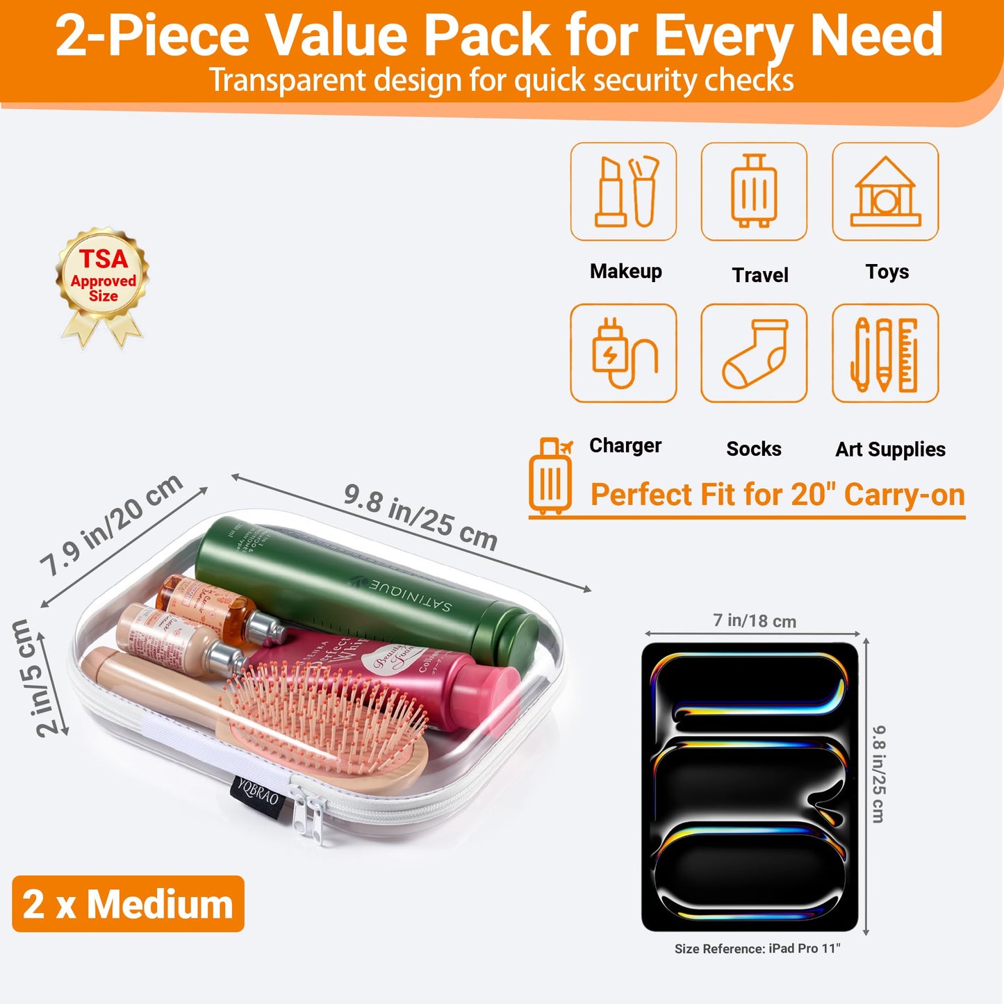 YQBRAO 2-Pack Medium Clear Hard Shell Zipper Case White, 1.2mm Heavy-Duty Crush-Proof Makeup Bag, Versatile Diaper Bag Organizer Pouches, Rigid Clear Zipper Pouches for Toiletries, Tech & Daily Carry