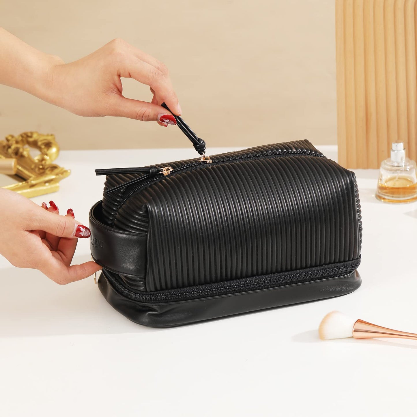 bagINBAG QIANPA Makeup Bag, Large Double Layer Waterproof Travel Bag with Handle and Brush Compartment for Women (Black)