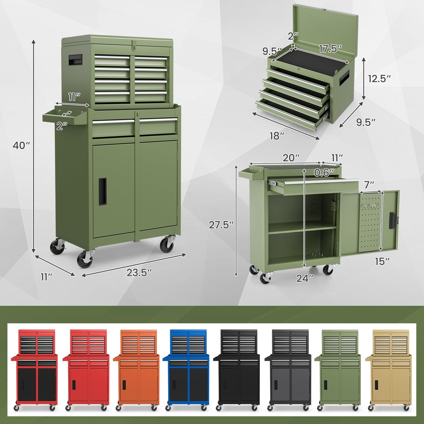 ERGOMASTER 5-Drawer Rolling Tool Cabinet with Detachable Top Toolbox, Lockable Wheels, Lock Bar, Protective Liner & Tool Rack, Metal Tool Storage Cart for Garage Workshop-Green