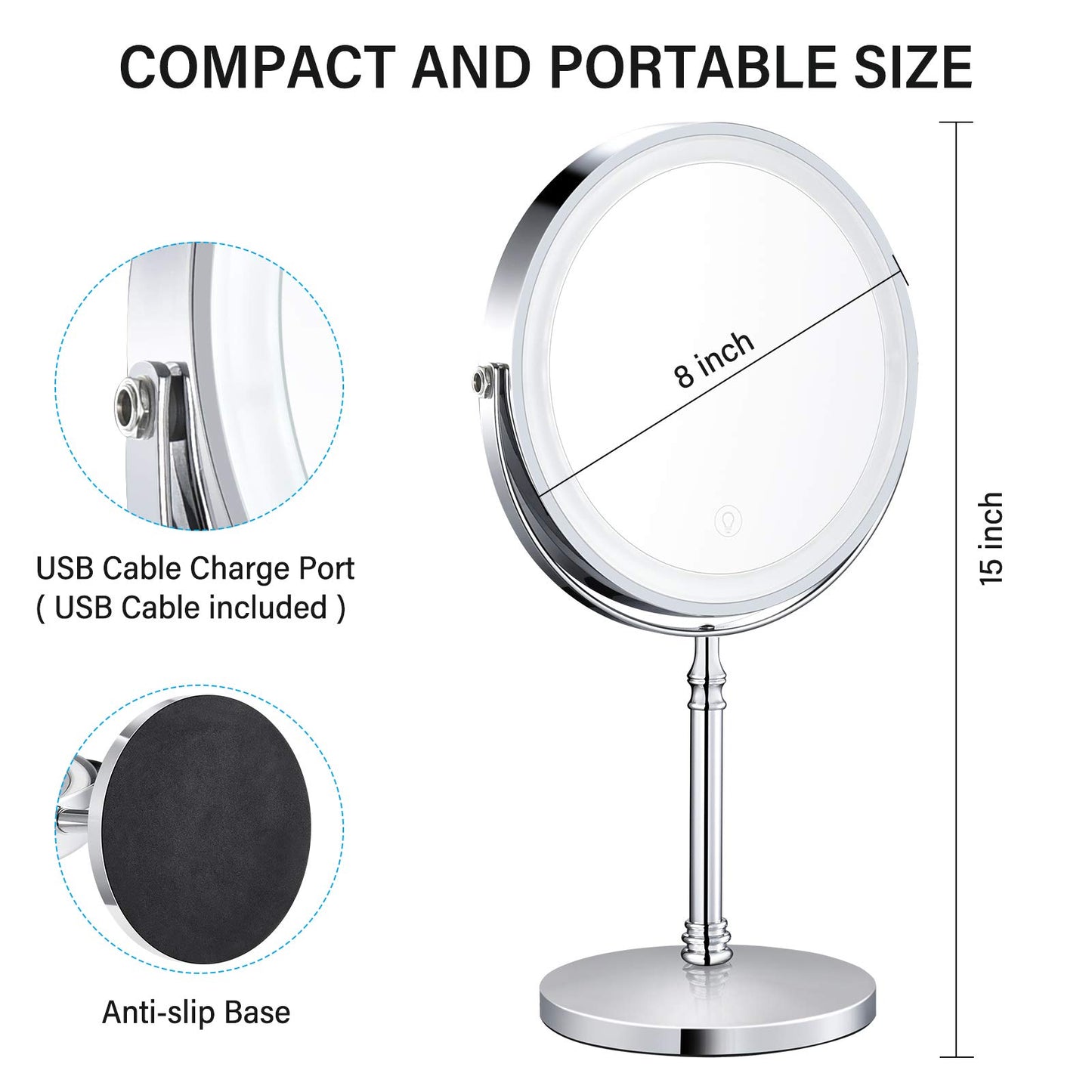 AMZTOLIFE 8" Lighted Makeup Mirror, 10X Makeup Mirror with Lights, Double Sided Dimmable Magnifying Mirror with Light, Rechargeable and Brightness Adjustable, Cordless Vanity Mirror with Lights