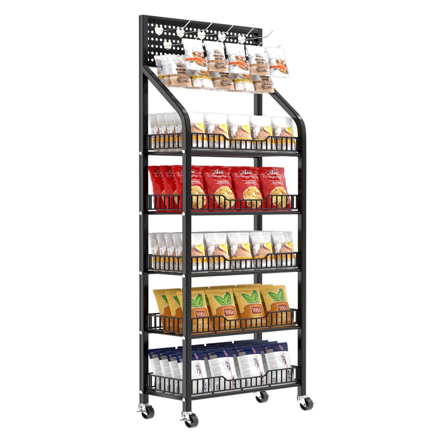 QJSZMEI 5 Tier Snack Rack Display Stand, Metal Retail Display Rack with Wheels and 15 Hooks, Snack Cart Organizer for Supermarkets Convenience Stores Home Kitchens